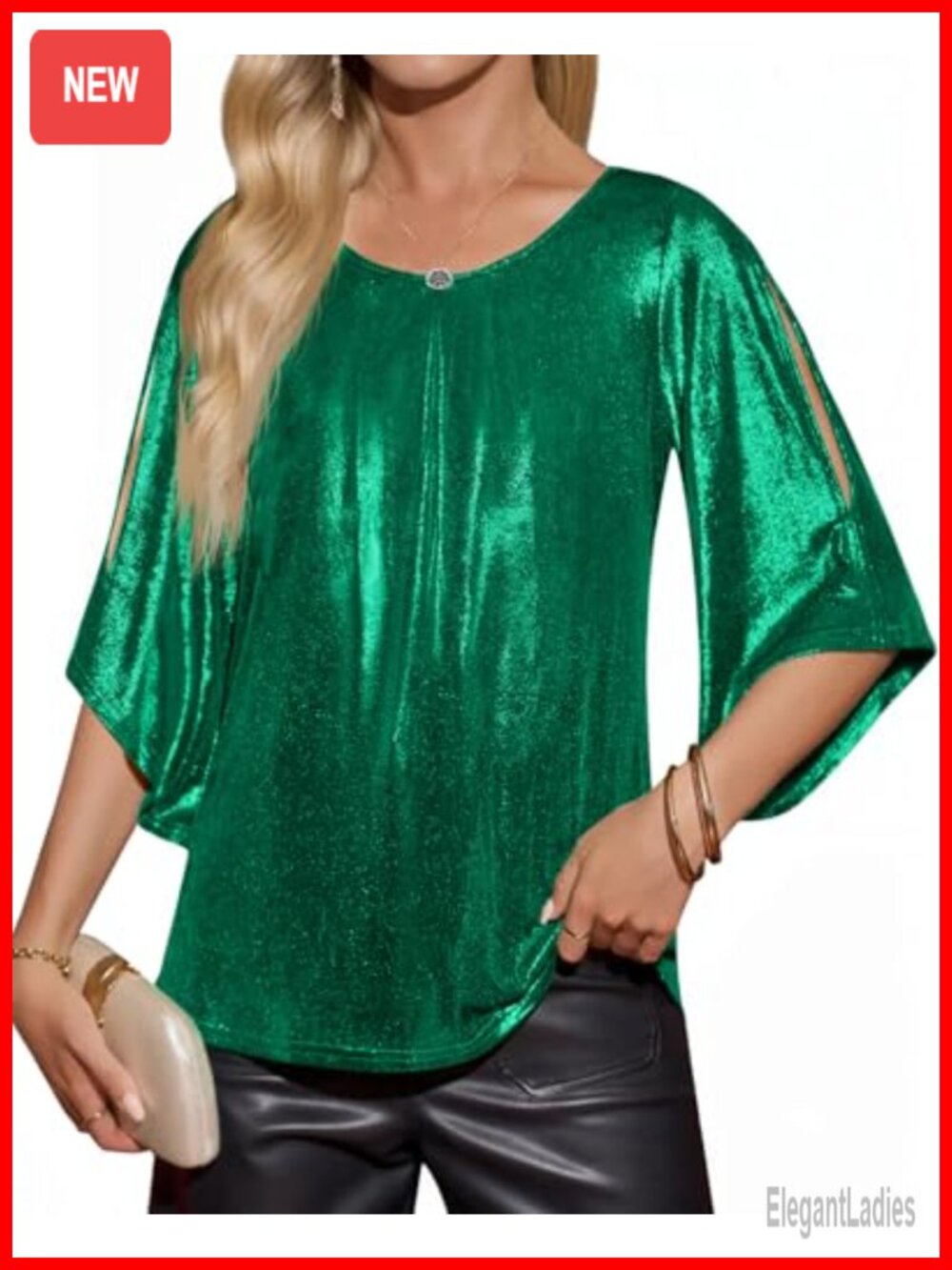 Y2K Glitter Sparkly 3/4 Sleeve Crew Neck Blouse